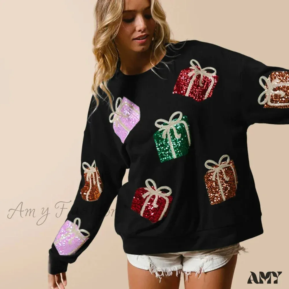 Glitter Patchwork Vintage Harajuku Slim Streetwear Long Sleeve Christmas Hoodie