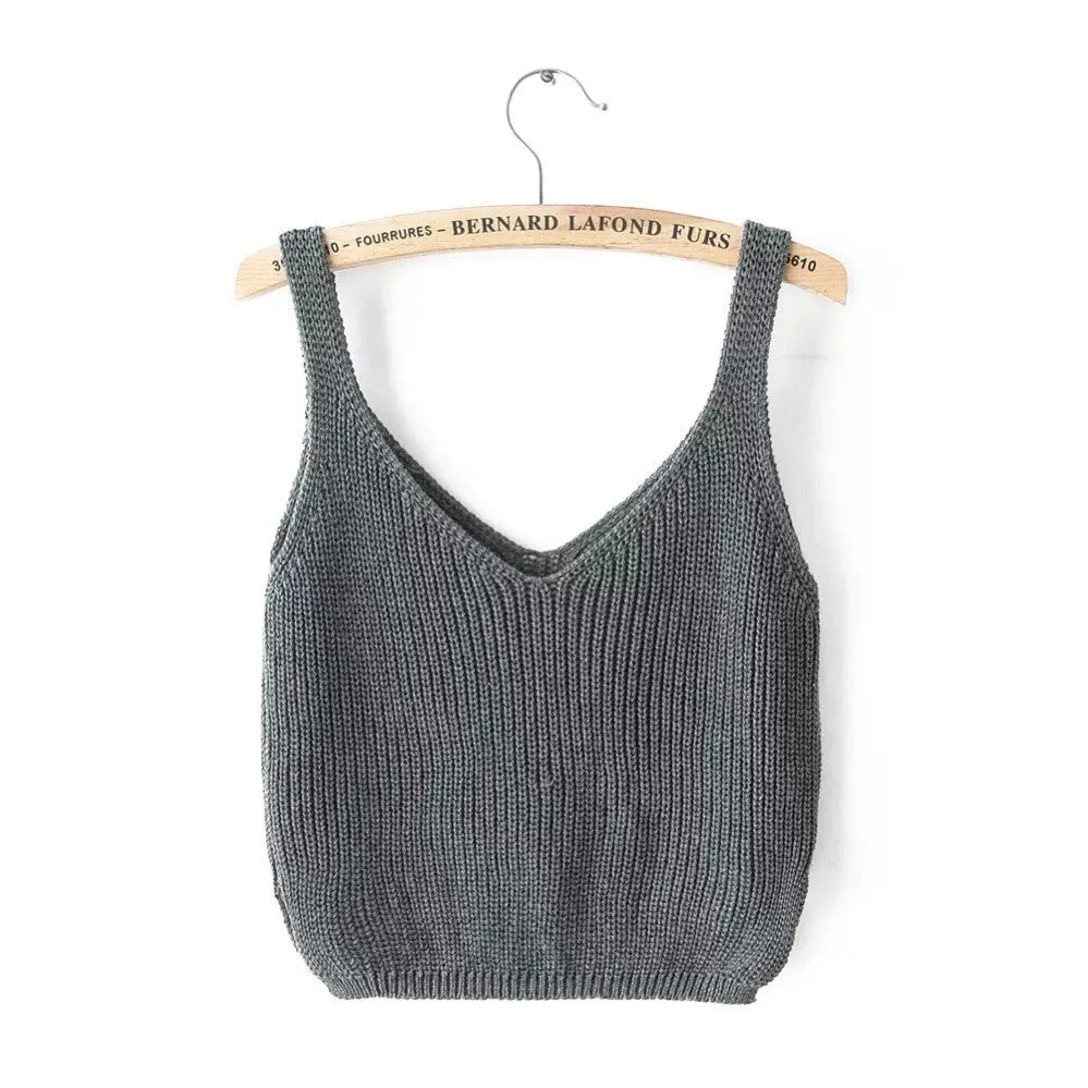 Knitting Spaghetti Strap V-neck Pure Color Vest