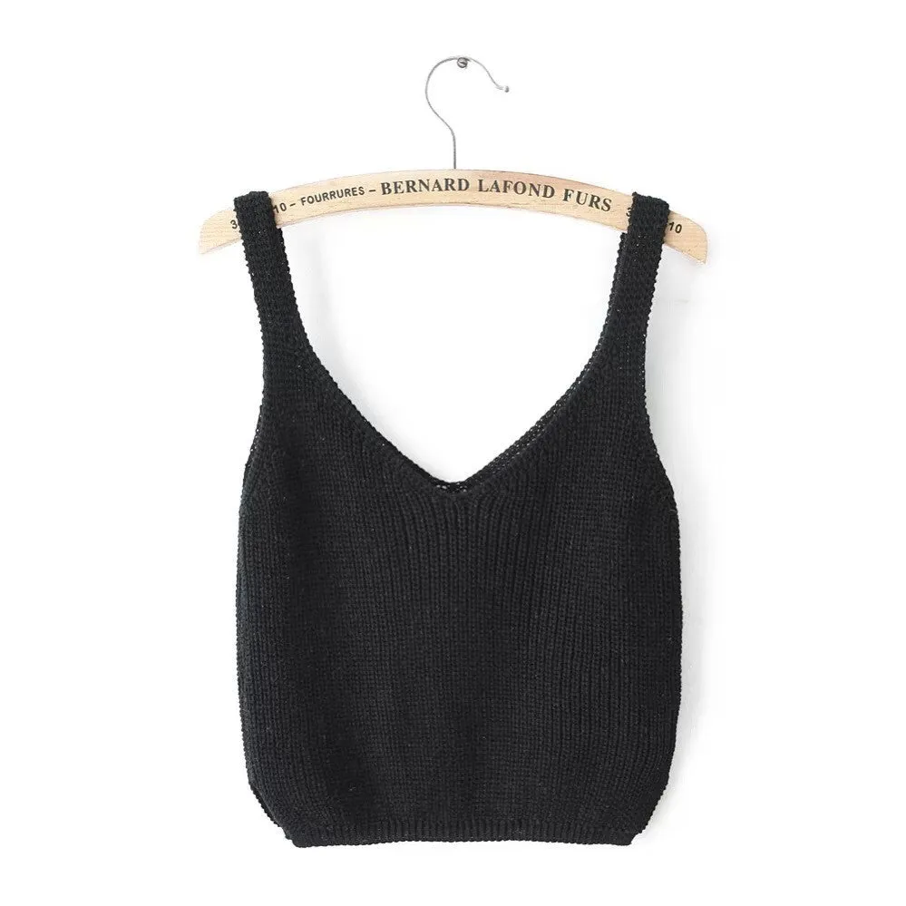 Knitting Spaghetti Strap V-neck Pure Color Vest