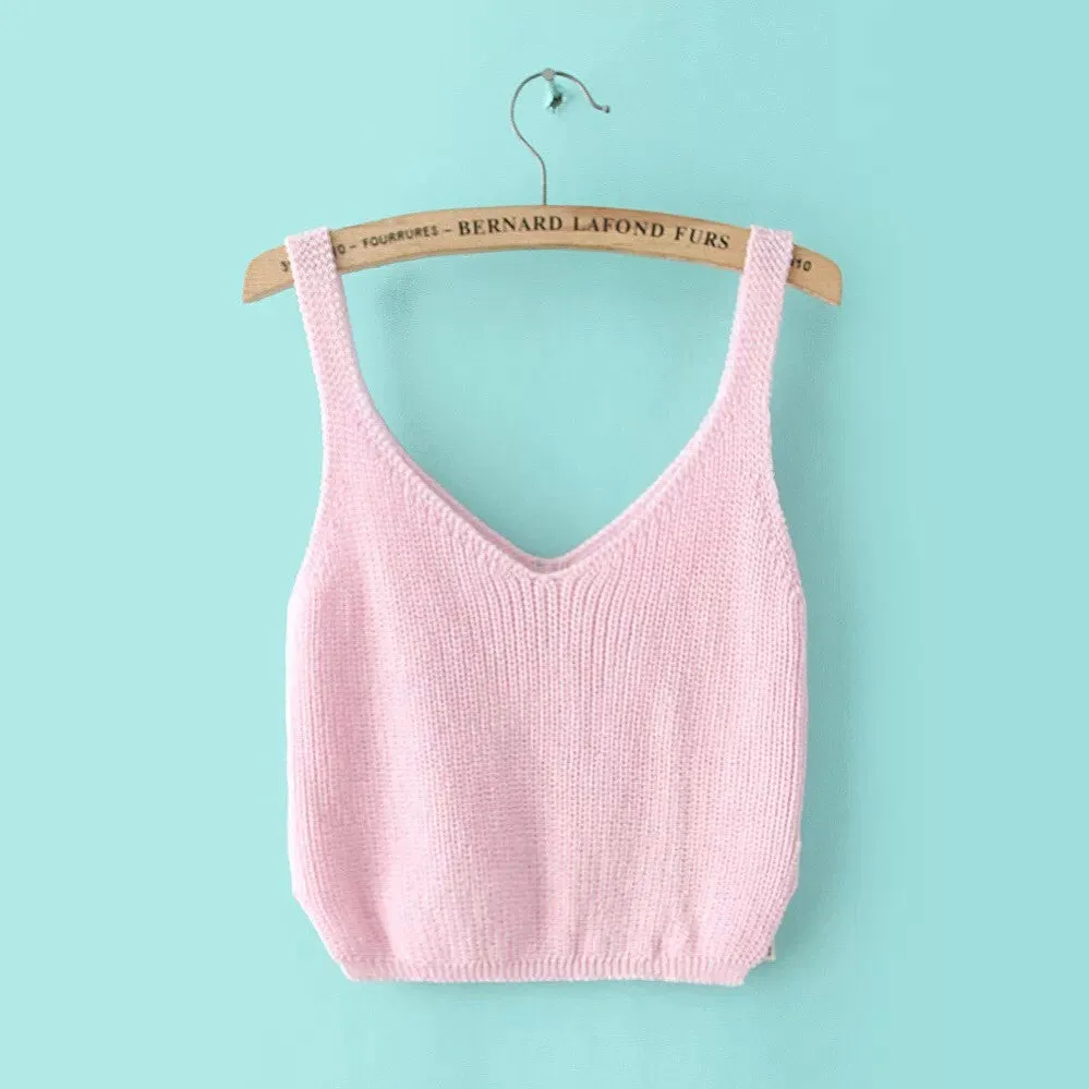 Knitting Spaghetti Strap V-neck Pure Color Vest
