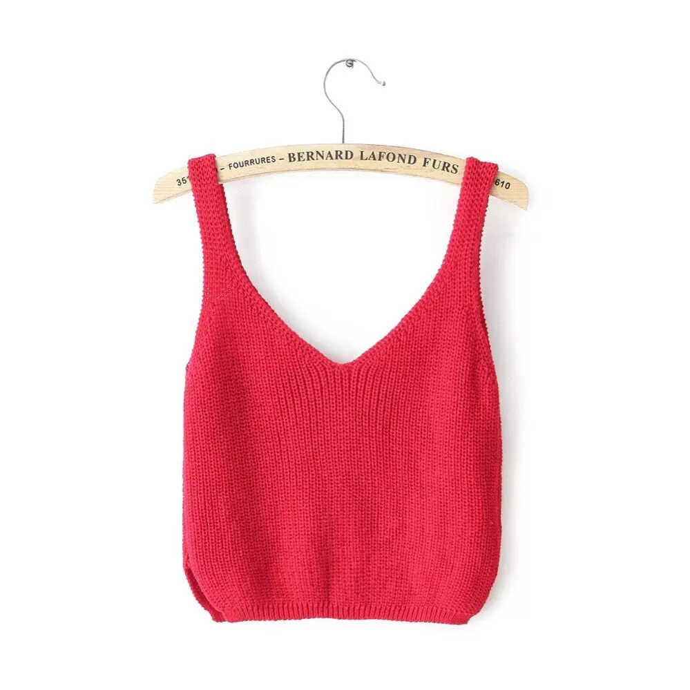 Knitting Spaghetti Strap V-neck Pure Color Vest