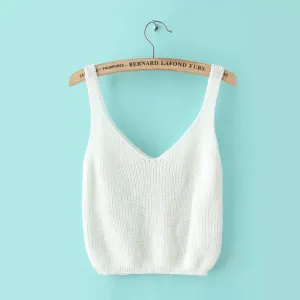 Knitting Spaghetti Strap V-neck Pure Color Vest