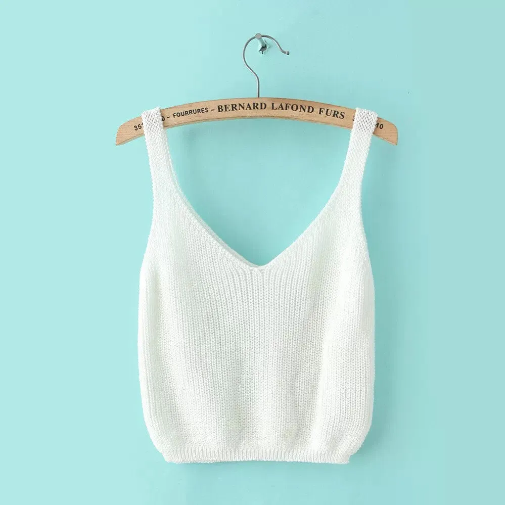 Knitting Spaghetti Strap V-neck Pure Color Vest