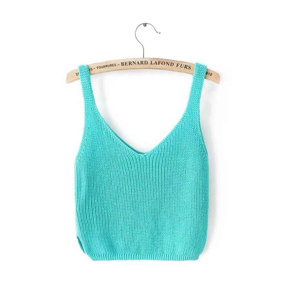 Knitting Spaghetti Strap V-neck Pure Color Vest